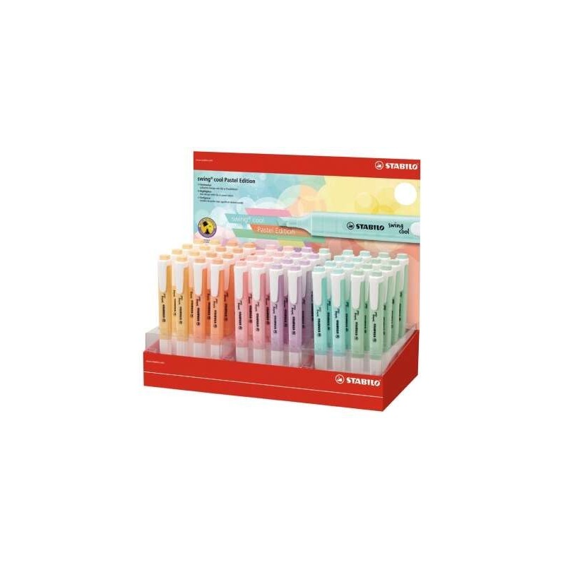 Stabilo Swing Cool Pastel Expositor de 48 Marcadores Fluorescentes - Cuerpo Plano - Punta Biselada - Trazo entre 1 y 4mm