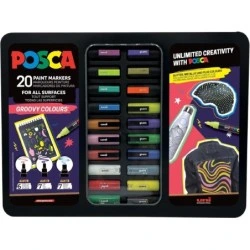 Posca Groovy Colours Maleta Metalica con 20 Marcadores de Pintura - Surtido en Color y Trazo - Punta de Poliester - Tinta