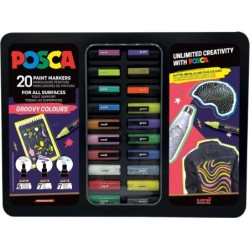 Posca Groovy Colours Maleta Metalica con 20 Marcadores de Pintura - Surtido en Color y Trazo - Punta de Poliester - Tinta