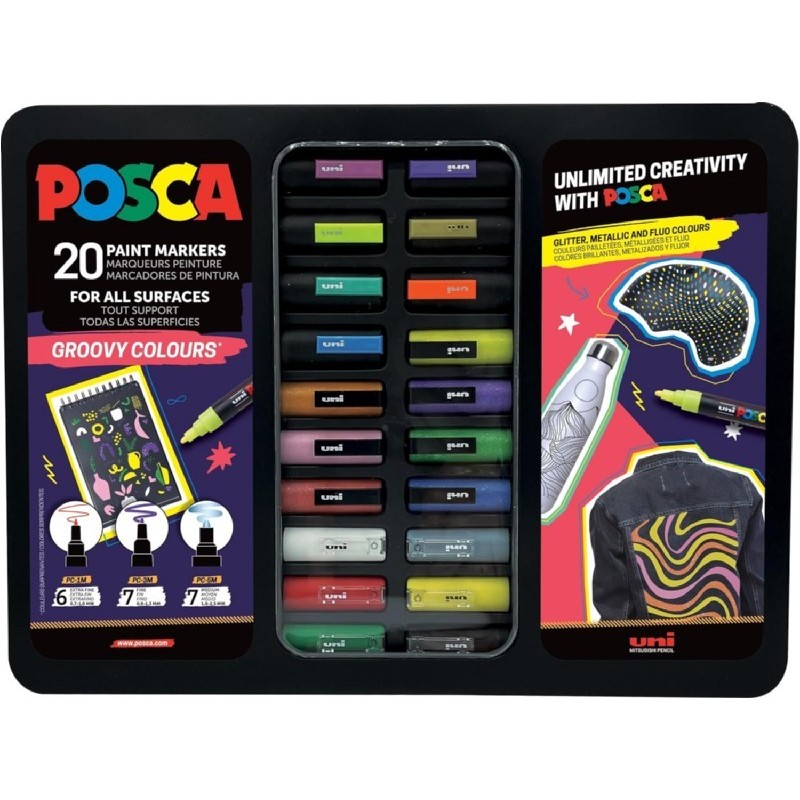 Posca Groovy Colours Maleta Metalica con 20 Marcadores de Pintura - Surtido en Color y Trazo - Punta de Poliester - Tinta
