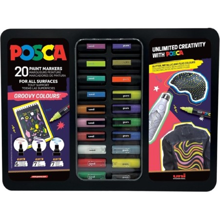 Posca Groovy Colours Maleta Metalica con 20 Marcadores de Pintura - Surtido en Color y Trazo - Punta de Poliester - Tinta