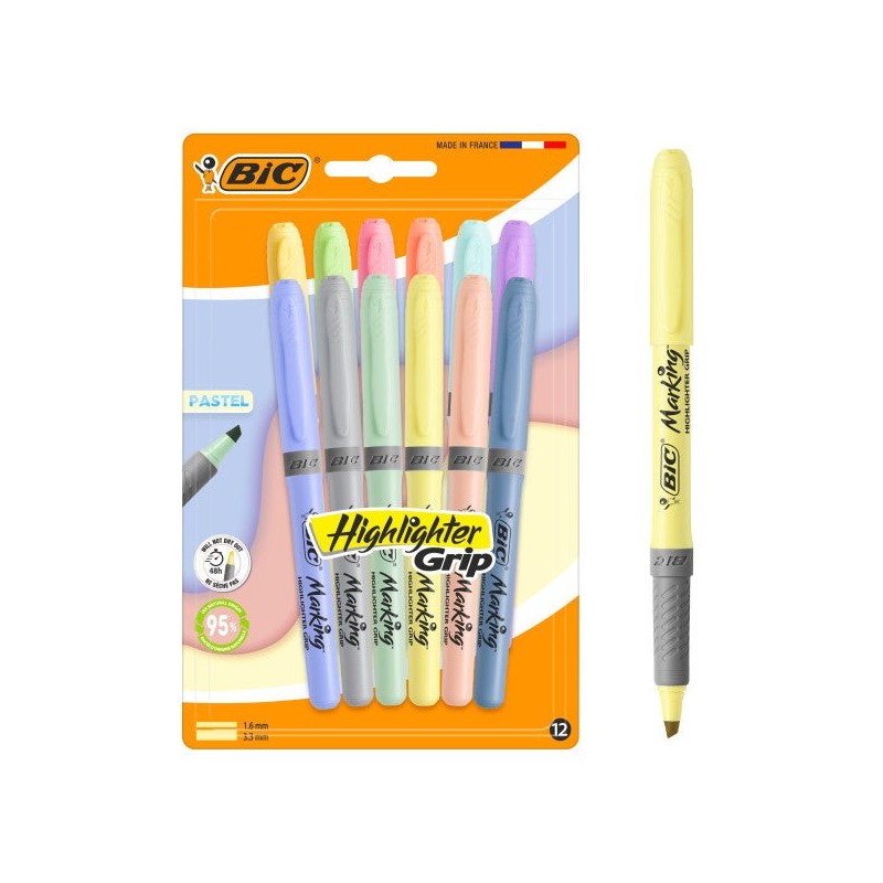 Bic Highlighter Grip Pastel Pack con 12 Marcadores Fluorescentes Pastel - Punta Biselada - Trazo entre 1.60 y 3.30 mm - Grip