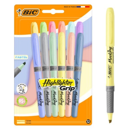 Bic Highlighter Grip Pastel Pack de 12 Feutres Pastel Fluorescents - Pointe Biseautée - Trait entre 1,60 et 3,30 mm - Grip