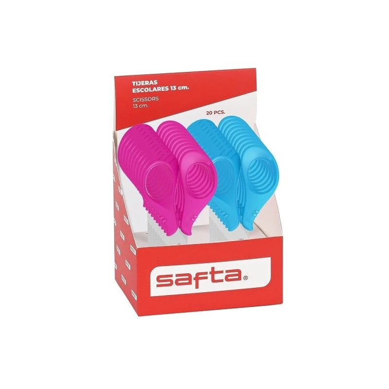 Safta Expositor con 20 Tijeras de 13cm - Asas Ergonomicas - Punta Redonda Segura - Cuchillas de Acero - Colores Surtidos