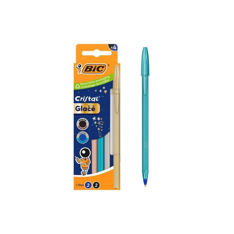 Pacote Bic Cristal Glace com 4 Canetas Esferográficas - Corpo Opaco em Cores Metálicas Foscas - Ponta Redonda de 1mm - Traço de