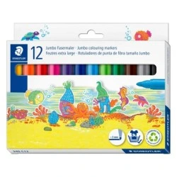 Staedtler Noris Jumbo 340 Pack de 12 Rotuladores Jumbo - Punta de Fibra - Trazo 3mm - Lavable Facilmente - Tinta Base de Agua