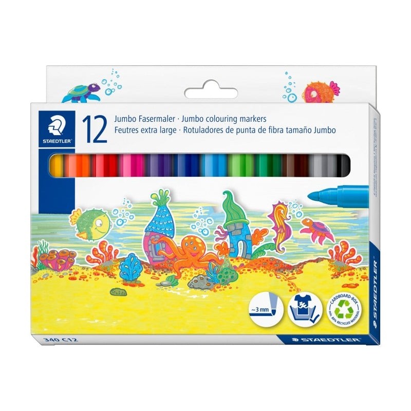Staedtler Noris Jumbo 340 Pack of 12 Jumbo Markers - Fiber Tip - 3mm Stroke - Easily Washable - Water-Based Ink - Ventilated
