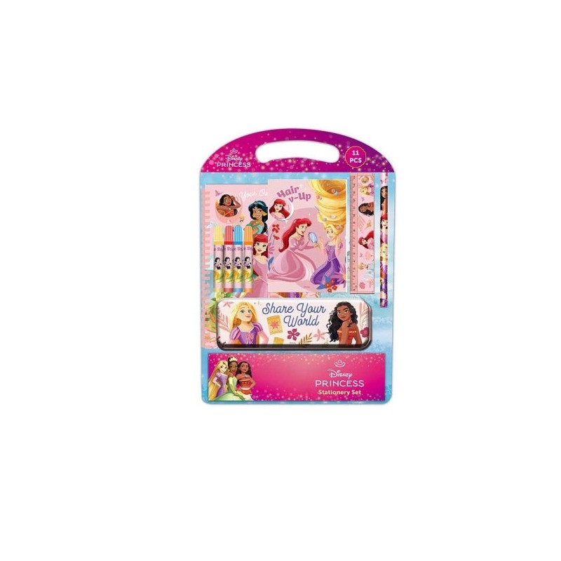 Safta Disney Princesses Bloom School Pack with Metal Pencil Case - Pencil - 4 Markers - 15cm Ruler - Pencil Sharpener - Eraser