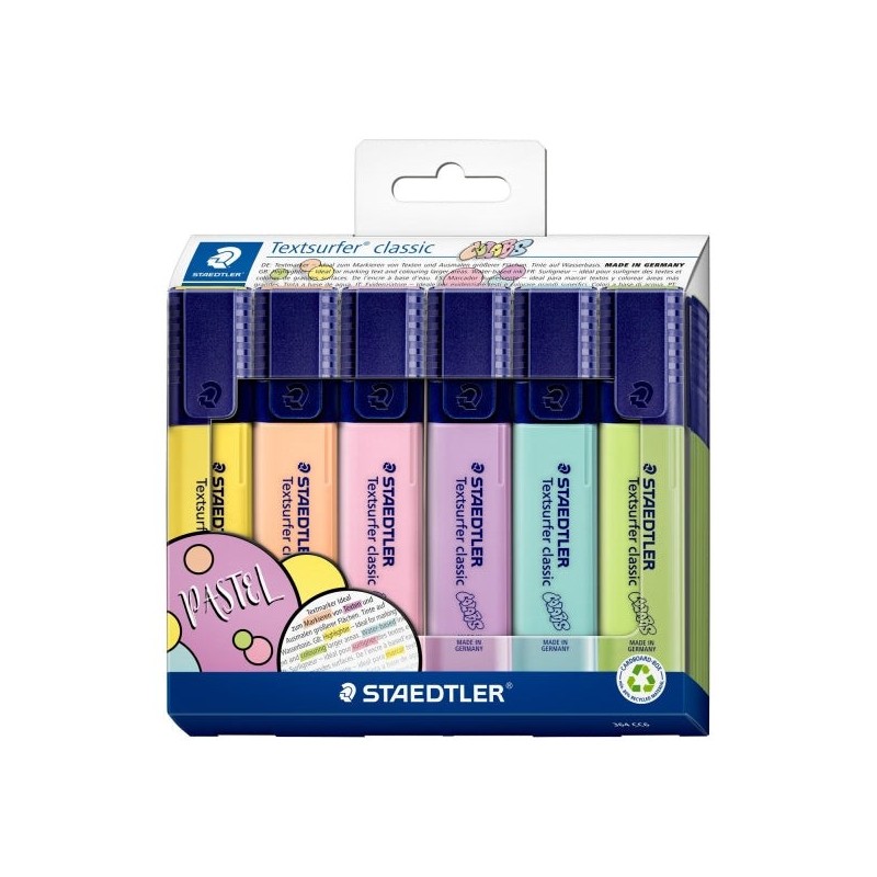Staedtler Textsurfer Classic 364 Pastel Pacote de 6 Marcadores Fluorescentes - Secagem Rápida - Traço 1 - 5mm Aprox - Cores