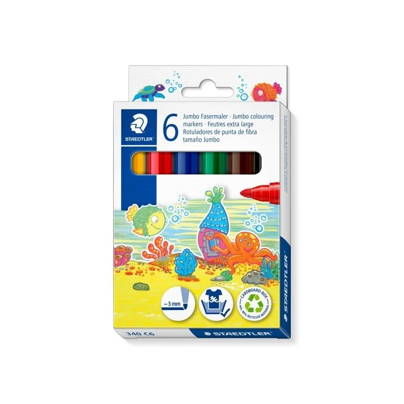 Staedtler Noris Jumbo 340 Pack de 6 Rotuladores Jumbo - Punta de Fibra - Trazo 3mm - Tapa Ventilada - Colores Surtidos