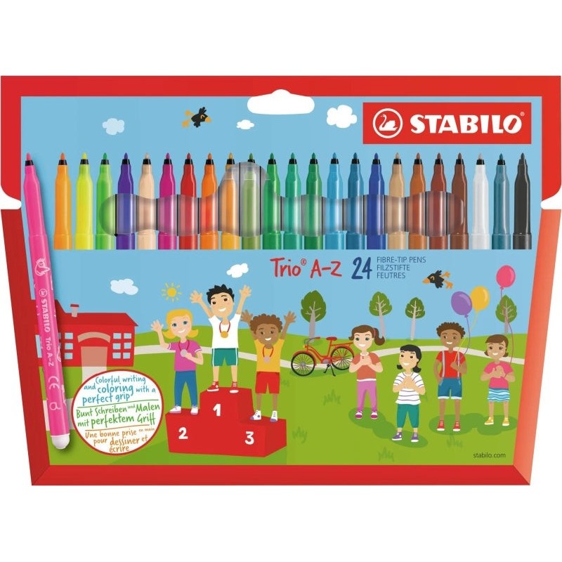 Pack Stabilo Trio A-Z de 24 marqueurs à pointe fibre fine - Course 0,7 mm - Encre lavable - Zone de préhension triangulaire