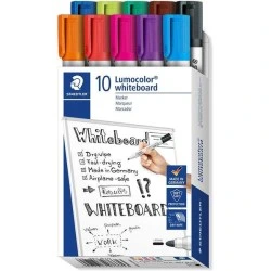 Staedtler Lumocolor 351 Pack of 10 Whiteboard Markers - Approx. 2mm Tip - Quick Drying - Assorted Colors