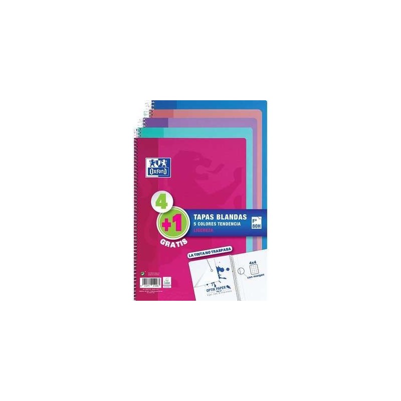 Oxford Pack 4+1 Cuadernos Espiral Formato Folio Cuadriculado 4x4mm - 80 Hojas - Tapa Blanda - Colores Tendencia Surtidos