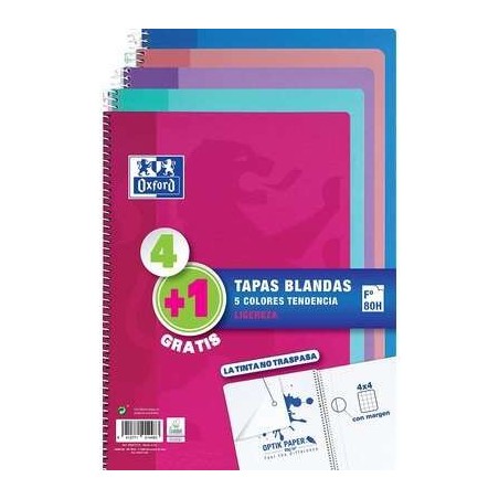 Pack Oxford 4+1 Cahiers à Spirale Format Folio Carré 4x4mm - 80 Feuilles - Couverture Souple - Couleurs Tendance Assorties