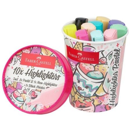 Faber-Castell Textliner 46 Pastel Pacote de 10 Marcadores Fluorescentes - Design de embalagem de copo de sorvete - Ponta de
