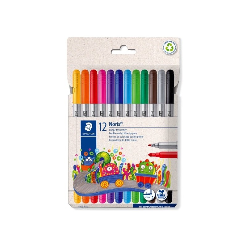 Staedtler Noris 320 Pack de 12 Rotuladores - Doble Punta de Fibra - Trazos 1 y 3mm - Tapa Ventilada - Colores surtidos