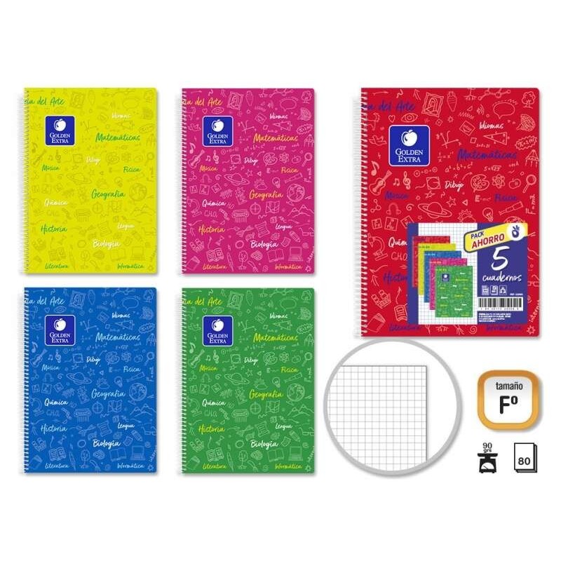 Pacote Dourado de 5 Cadernos de Assuntos Fólio 80 Folhas 90gr Grade 4x4 - Resistente - Capa Plástica - Ideal para Estudantes