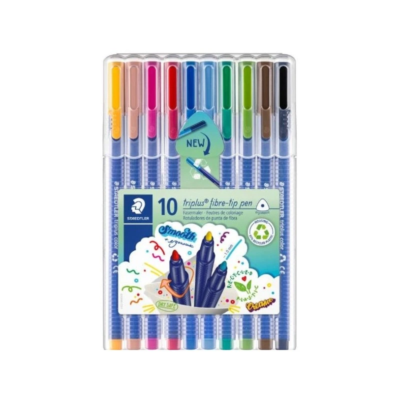 Staedtler Triplus Color 323 Pack de 10 Rotuladores de Punta Fina - Trazo de 1mm Aprox - Tinta Base de Agua - Colores Surtidos
