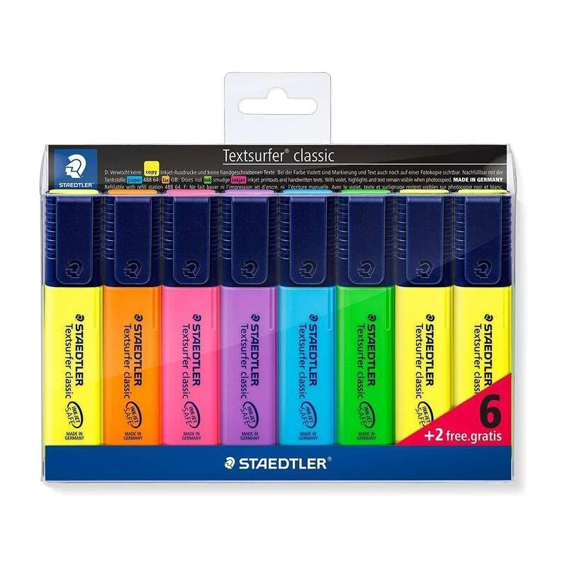 Staedtler Textsurfer Classic 364 Pack de 8 Marqueurs Fluorescents - Pointe Biseautée 1 - 5mm Environ - Séchage Rapide