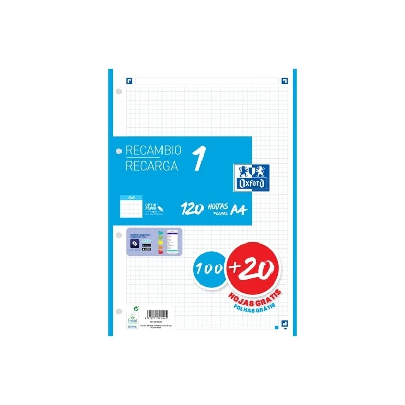 Recharge Oxford School A4 120 Feuilles Grille 5x5mm - 4 Trous - Bande Turquoise