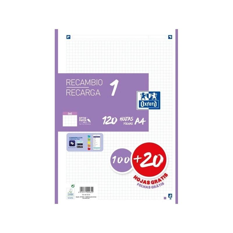 Recharge Oxford School A4 120 Feuilles Grille 5x5mm - 4 Trous - Bande Lilas