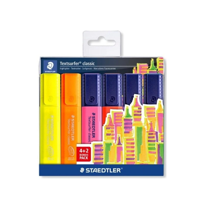 Staedtler Textsurfer Classic 364 Pack of 6 Fluorescent Markers - Quick Dry - Stroke 1 - 5mm Approx - Assorted Colors