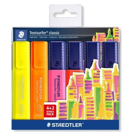 Staedtler Textsurfer Classic 364 Pack of 6 Fluorescent Markers - Quick Dry - Stroke 1 - 5mm Approx - Assorted Colors