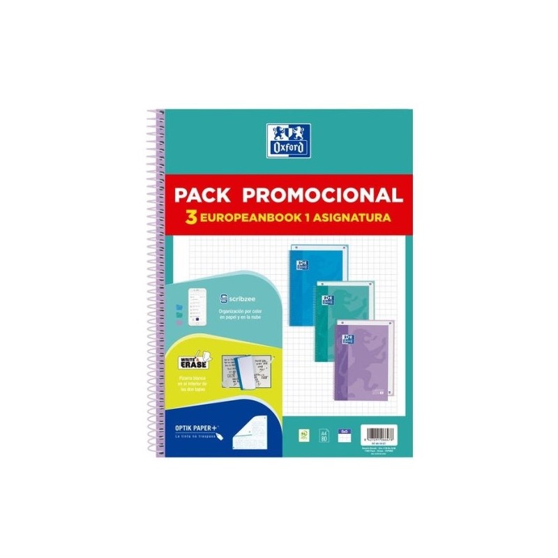 Oxford Europeanbook 1 Touch Pack de 3 Cadernos Espiral Formato A4+ Quadrado 5x5mm - 80 Folhas 90gr - Capa Extra Dura Soft Touch