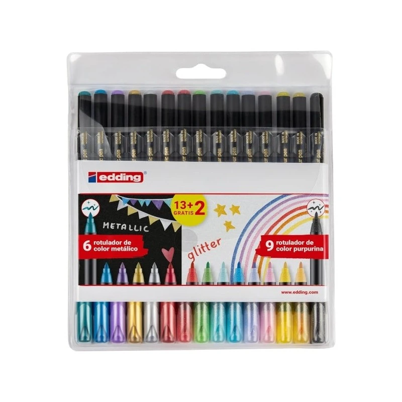 Edding 1200 Metallic and Glitter Pack of 15 Markers - Round Tip - Metallic Line 1-3mm, Glitter 3mm - Water-Based Ink - Metallic