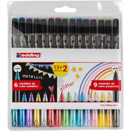 Edding 1200 Metallic and Glitter Pack of 15 Markers - Round Tip - Metallic Line 1-3mm, Glitter 3mm - Water-Based Ink - Metallic
