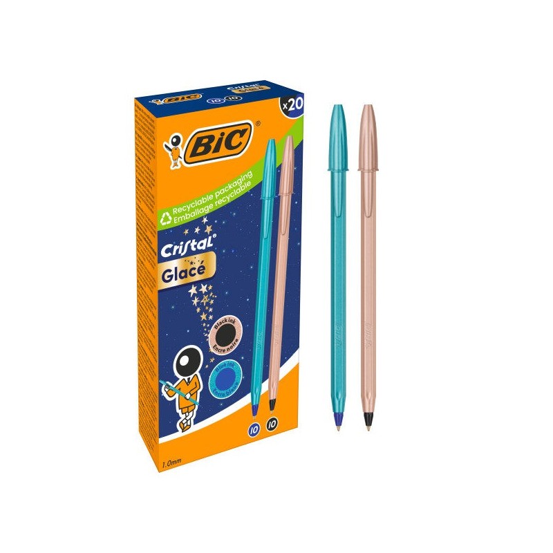 Pacote Bic Cristal Glace com 20 Canetas Esferográficas - Corpo Opaco em Azul Metálico Fosco e Cobre Fosco - Ponta Redonda de