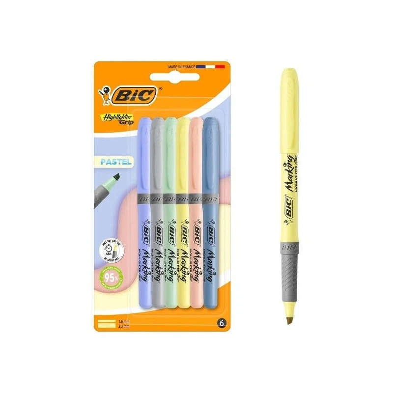 Pacote Bic Highlighter Grip Pastel com 6 Marcadores Pastel Fluorescentes - Ponta Cinzel - Linha entre 1,60 e 3,30 mm - Grip