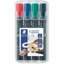 Staedtler Lumocolor 352 Pack de 4 Marqueurs Permanents - Séchage Rapide - Étui de Bureau Pratique - Couleurs Rouge, Bleu, Vert