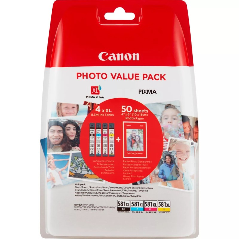 Canon CLI581XL Pack de 4 Cartouches d'Encre Originales - 50 Feuilles de Papier Photo - 2052C004/2052C006