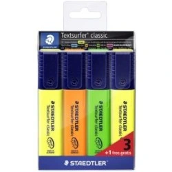 Staedtler Textsurfer Classic 364 Pack de 4 Marqueurs Fluorescents - Séchage Rapide - Course 1 - 5mm Environ - Couleurs Assorties