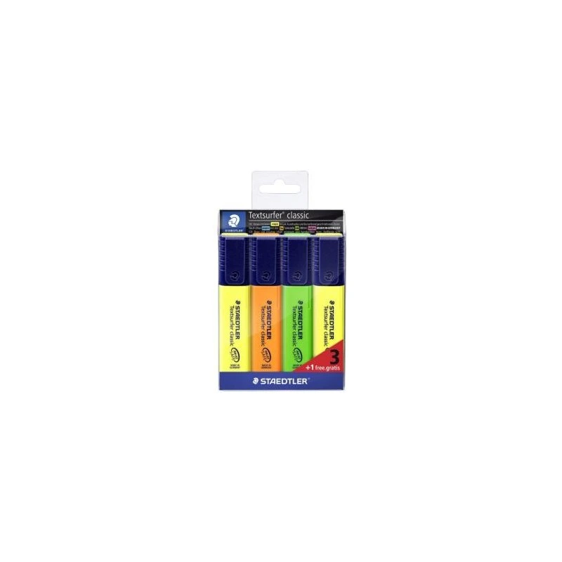 Staedtler Textsurfer Classic 364 Pack de 4 Marqueurs Fluorescents - Séchage Rapide - Course 1 - 5mm Environ - Couleurs Assorties
