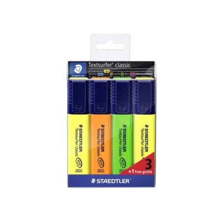 Staedtler Textsurfer Classic 364 Pack de 4 Marqueurs Fluorescents - Séchage Rapide - Course 1 - 5mm Environ - Couleurs Assorties