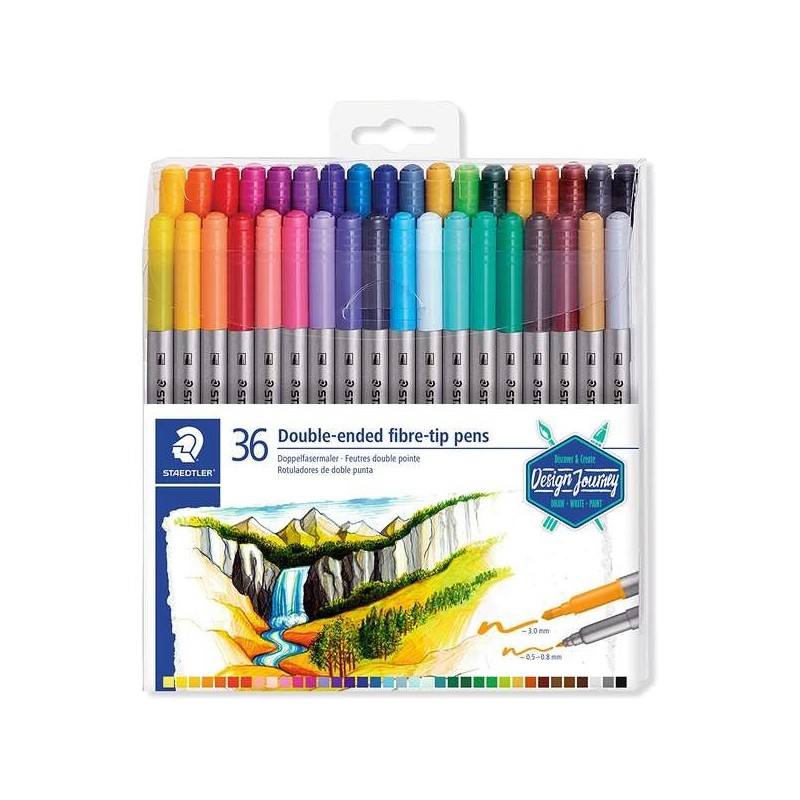 Staedtler 3200 Pacote de 36 Marcadores de Ponta Dupla - Resistentes à Pressão - Cores Sortidas