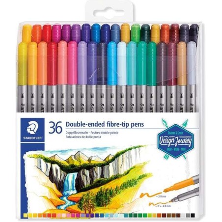 Staedtler 3200 Pacote de 36 Marcadores de Ponta Dupla - Resistentes à Pressão - Cores Sortidas
