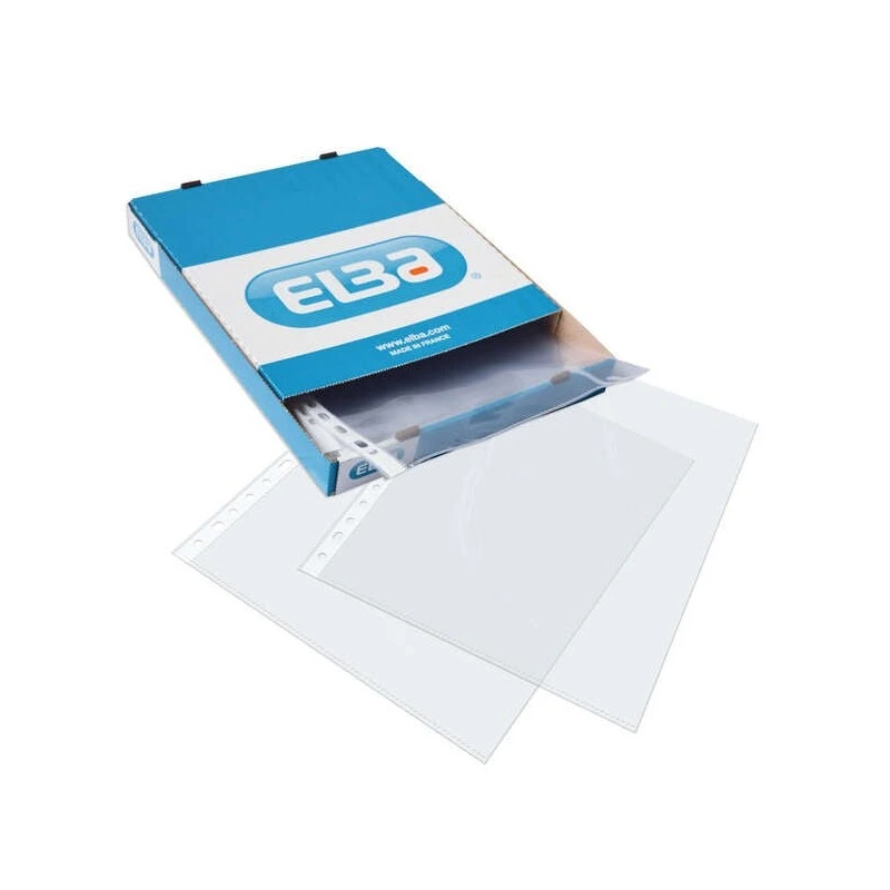 Elba Pacote de 100 Capas Multifuros Extra PP 105 Microns - Tamanho Fólio - Acabamento em Vidro - Transparente