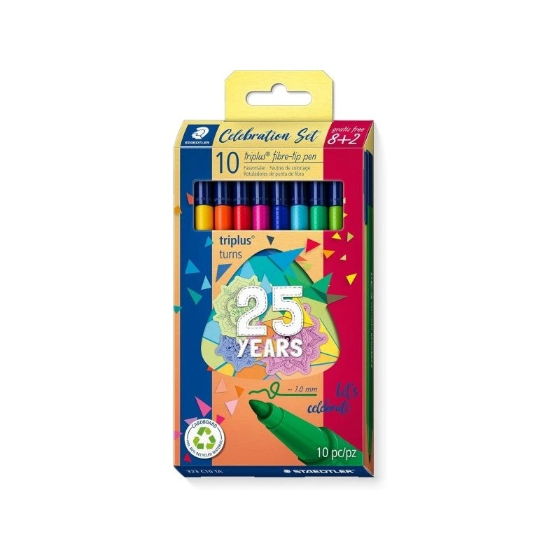 Staedtler Triplus Color 323 Lot de 10 marqueurs - Course 1 mm environ - Encre anti-séchage - Capuchon ventilé - Couleurs