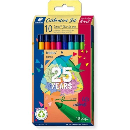 Staedtler Triplus Color 323 Lot de 10 marqueurs - Course 1 mm environ - Encre anti-séchage - Capuchon ventilé - Couleurs