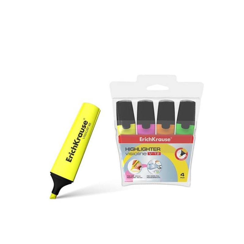 Erichkrause Visioline V-12 Pack of 4 Fluorescent Markers - Chisel Tip - Water-Based Ink - Orange, Pink, Green and Yellow Colors