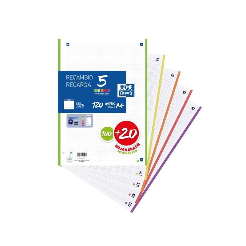 Oxford 5 Recarga de 120 Folhas Formato A4 Quadrado 5x5mm 4 Furos - Faixa de 5 Cores Brilhantes