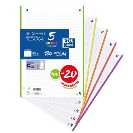 Oxford 5 Recarga de 120 Folhas Formato A4 Quadrado 5x5mm 4 Furos - Faixa de 5 Cores Brilhantes