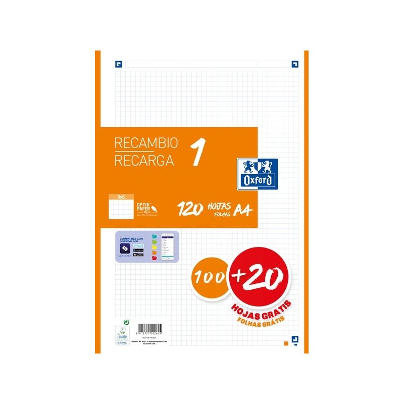 Refil Oxford School A4 120 Folhas Grade 5x5mm - 4 Furos - Faixa Laranja