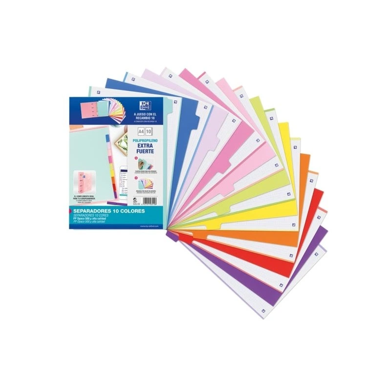 Oxford Strongline A4 Dividers - 10 Positions - Different Colors - 4 Holes - Opaque Plastic - 500 Microns