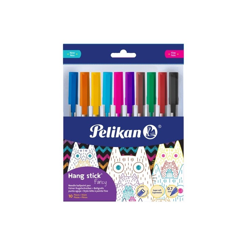 Lot de 10 stylos à bille Pelikan Hang Stick - Course 0,7 mm - Capuchon anti-étouffement - Corps triangulaire ergonomique