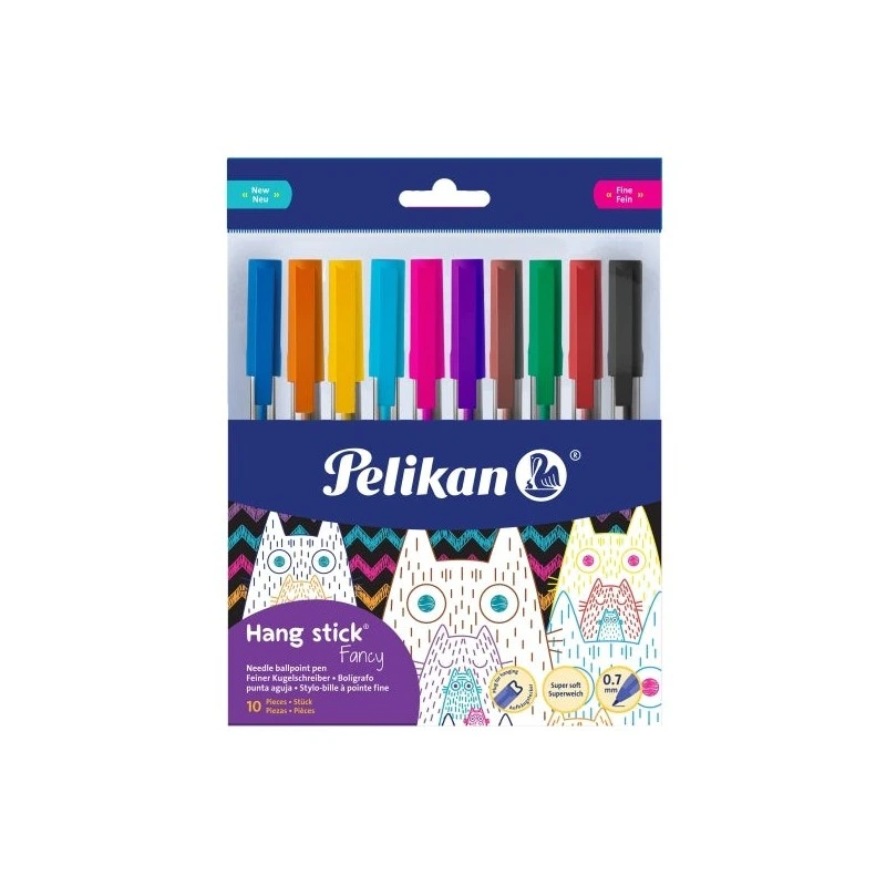 Pelikan Hang Stick Pack de 10 Boligrafos de Bola - Trazo de 0.7mm - Capuchon Antiasfixia - Cuerpo Triangular Ergonomico