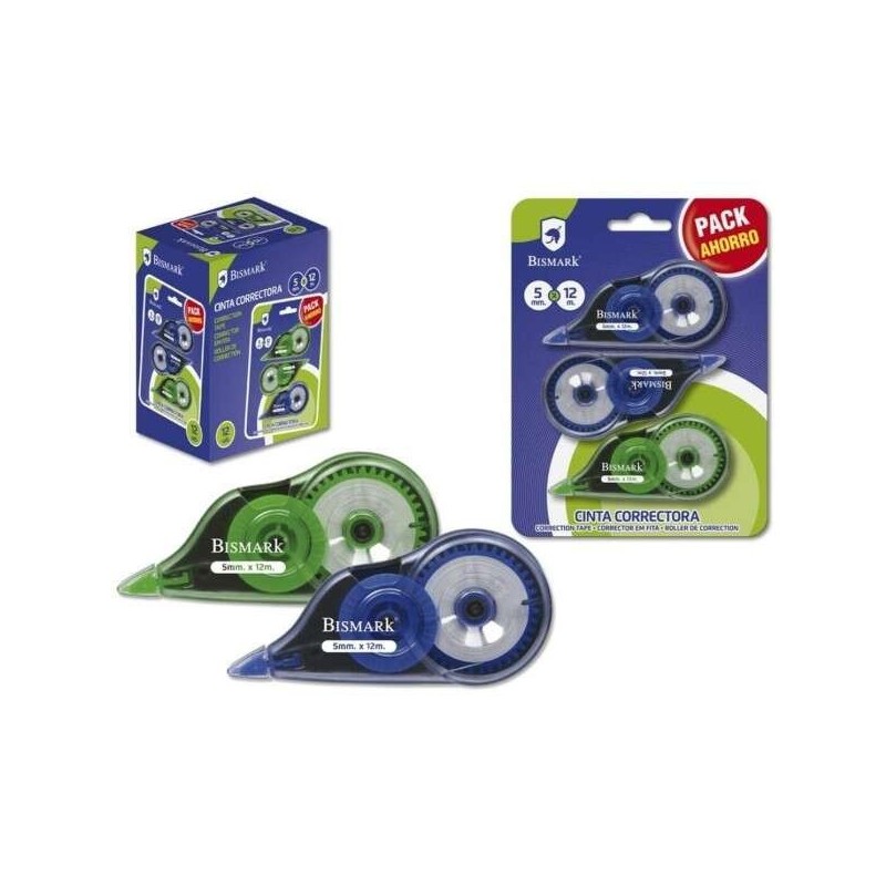 Bismark Pack of 3 Correction Tapes 5mm x 12m - Transparent Body - Ergonomic Shape